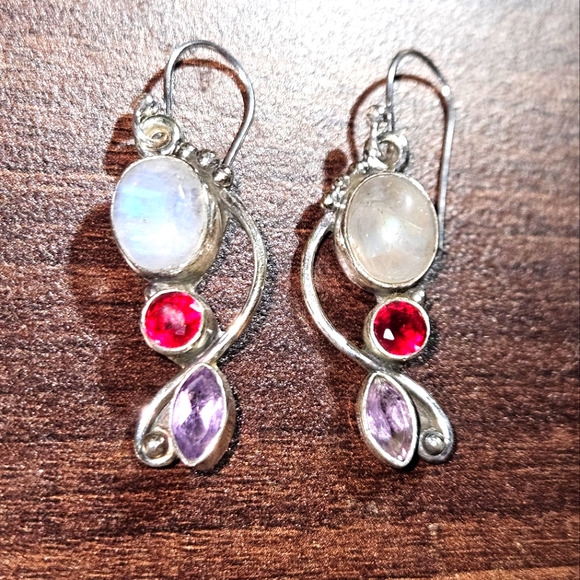 Moonstone Garnet & Rose Quartz Gemstone Earring 925 Sterling Silver - Picture 4 of 7